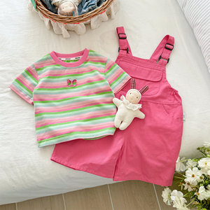 Girls Striped T-Shirt Pink Overalls Set Cotton Summer Clothing For Little Girls Two Piece Outfit - Product Image 1