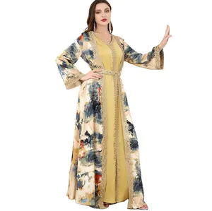 Yibaoli Manufacturer #3218 Women Muslim 2 Sets Floral Embroidery Belted Morroca Kaftan Split Hem Two Pieces Dress Dubai Turkey A