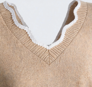 Vente en gros usine – Nouveau pull tricoté décontracté à col en V <span class=keywords><strong>et</strong></span> manches courtes, motif vague festonnée contrastante blanche, pour <span class=keywords><strong>femme</strong></span> - Product Image 3