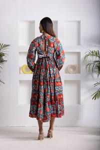 Cotton Midi Turquoise Floral Dress for <b>Women</b> with Ruffle Sleeves Hand Block Print Boho Summer Vacation Holiday Resort Outfit - Product Image 2