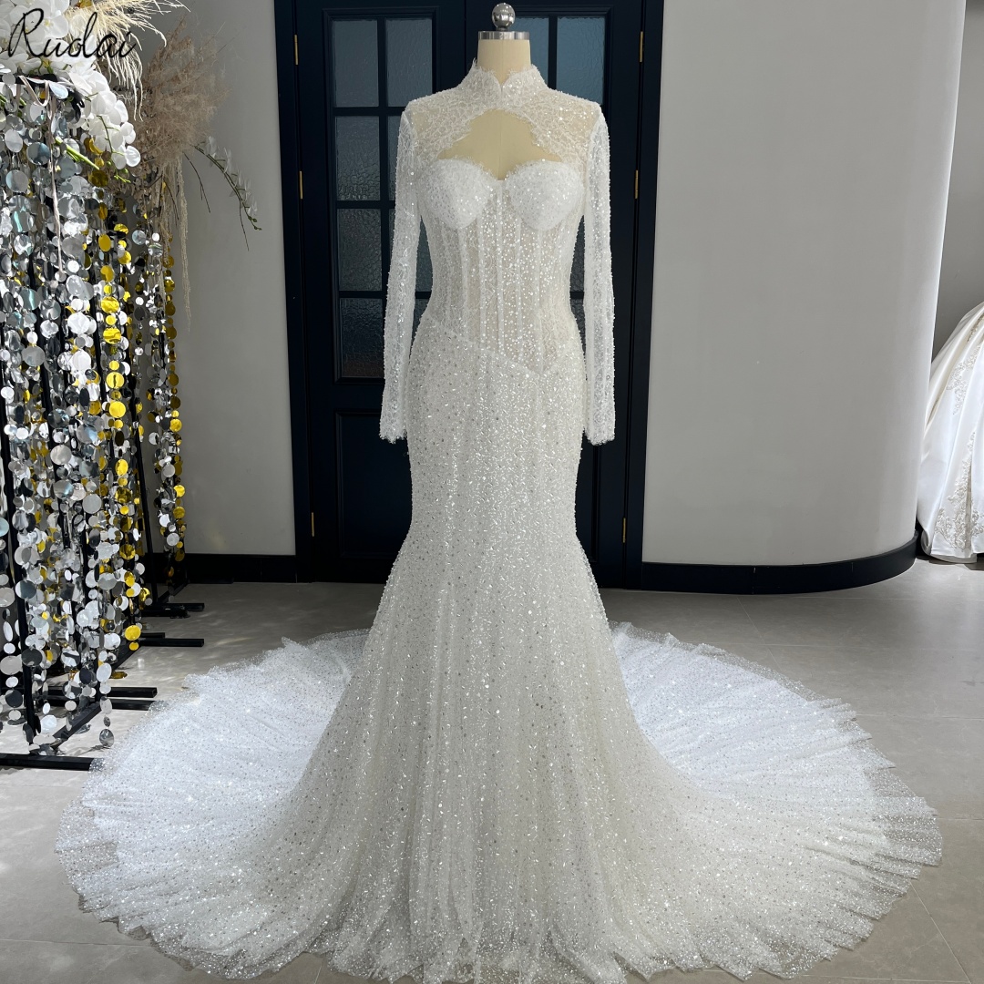 Elegant Wedding Bolero High Neck - Pearl Beaded Long Sleeve