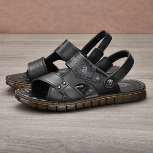Solid <b>Flat</b> <b>Sandals</b> Men Genuine Leather Open Toe Rubber Outsole Anti Slip Casual Summer Wear Leather Logo - Product Image 3