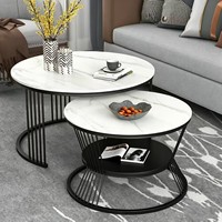 Ensemble de tables basses gigognes avec plateau en pierre frittée, structure métallique, table d'appoint moderne et écologique avec étagère de rangement pour salon et salle à manger