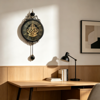 Jam Dinding Pendulum Vintage Eropa Bingkai Logam Tanpa Suara Tanpa Bunyi Tik-tok Angka Romawi Dekorasi Dinding Rumah Kantor