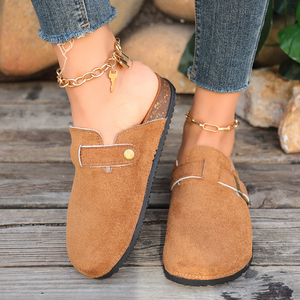 Mules en daim à bout fermé pour femme, avec bride à boucle, talon plat, sabots souples, chaussures décontractées, camel, noir, kaki - Product Image 4