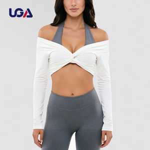Custom Women Contrast Stitching Front Twist Deep V Soft Ballet Wrap Crop Top Gym Workout Activewear Long Sleeve Yoga Top