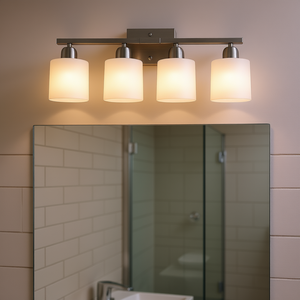 Modern 4-Light Bathroom Vanity Light <b>Brushed</b> Nickel Metal Wall Mounted LED Warm White Frosted Glass Shades E26 <b>Socket</b> - Product Image 2