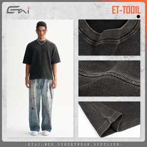 En Stock Vintage Gaufre T-shirts 250 Gsm Boxy Recadrée Surdimensionné Street Wear Côtelé Ras Du Cou t-shirt pour Hommes - Product Image 3