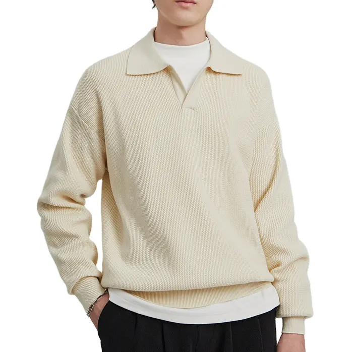 Homens 100% Algodão Luxo 3D Jacquard Tecido Stand Camisola Collar Masculino Moda Polo Blusas