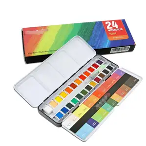 詰め替え可能なウォーターブラシペン水彩絵の具セット付きブリキの箱に入った24種類の鮮やかな無地