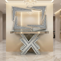 Table console moderne de luxe en verre argenté avec miroir mural effet brisé pour salon