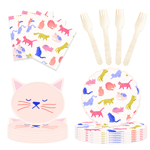 Ensemble de vaisselle pour fête d'anniversaire sur le thème du chat rose mignon DAMAI, comprenant des assiettes et des gobelets en papier avec modèle de chat pour la décoration de table de fête pour chats - Product Image 4