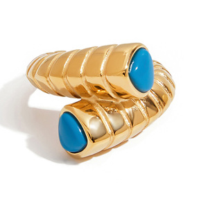 Geometric Gold Stainless Steel <b>Ring</b> With Blue <b>Turquoise</b> Inlay Unisex Fashion Jewelry Gift - Product Image 5