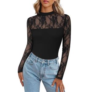 <span class=keywords><strong>Blusa</strong></span> de Mujer <span class=keywords><strong>con</strong></span> Estampado Floral y de Leopardo, OEM y ODM, <span class=keywords><strong>con</strong></span> Malla <span class=keywords><strong>Transparente</strong></span>, Encaje Sexy Bordado, Cuello Alto Simulado, Camiseta Interior <span class=keywords><strong>Negra</strong></span> - Product Image 1