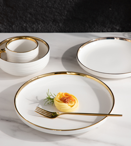 Juego de vajilla de cerámica blanca con borde dorado, vajilla de lujo personalizada al por mayor para hoteles, restaurantes, bodas, caja de regalo, supermercado - Product Image 4