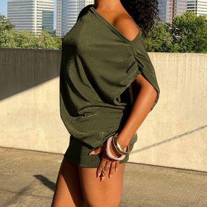 เดรสสั้นทรงเข้ารูปแบบปาดไหล่ สีพื้น แต่งผ้าต่อกัน สำหรับฤดูร้อน - Product Image 6