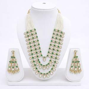 <b>Gold</b> Tone <b>Long</b> Kundan and Moti Pearl Mala with Choker <b>Necklace</b> Matching Earrings and Mangtika Set for Women - Product Image 2