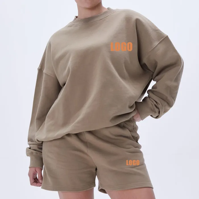 420gsm 2-delig Trainingspak Voor Dames 100% Katoenen Trui Met Lange Mouwen En Sweatshirt Met Lange Mouwen, Sweatshorts Sweatsuit