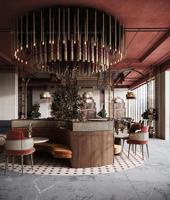 Ensemble de mobilier de restaurant de haute qualité, canapé de restaurant moderne en velours, table et chaises de restaurant, design complet pour projet