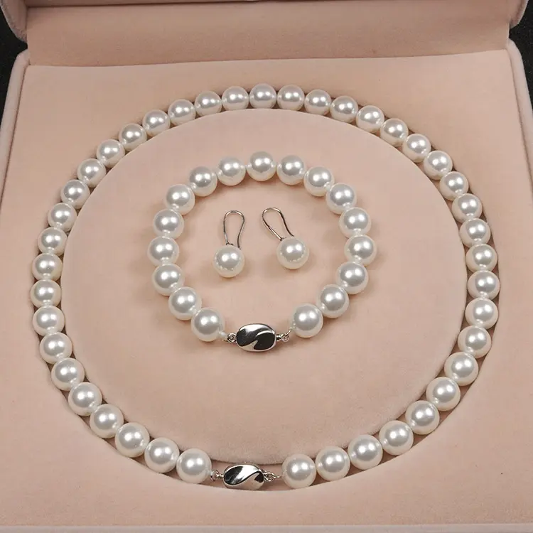 Set perhiasan wanita, kalung mutiara cangkang laut alami 100% putih 3 warna 10mm model Korea trendi hadiah indah