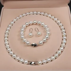Modisches koreanisches design exquisites geschenk schmuck-set günstig 3 farben 10 mm weiß 100% natürliche seekell-perlen-halskette für frauen