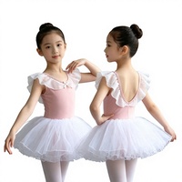 Justaucorps de ballet pour filles, robe tutu à col volanté transparent, manches flottantes, nœud en ruban, boutons-pression, costume de danse pour enfants