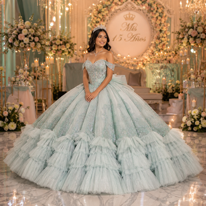 Robe de bal de Quinceañera de luxe vert sauge Dy1563 avec corsage à sequins en forme de cœur, nœud surdimensionné et jupe en tulle superposée Jancember - Product Image 1