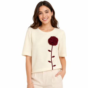 Camicetta Estiva da <span class=keywords><strong>Donna</strong></span> in Stile Francese Vintage con Ricami Floreali 3D in Poliestere Plissettato a <span class=keywords><strong>Mezza</strong></span> <span class=keywords><strong>Manica</strong></span> - Product Image 3