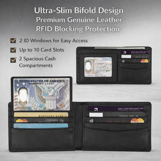 Men'  s Wallet Full Grain Leather RFID Blocking Wallet for Men Slim Bifold with 10 Card Slots, Lightweight & Secure Design