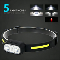 Lampe frontale LED USB rechargeable en silicone étanche COB portable avec détecteur de mouvement pour activités de plein air