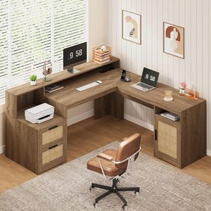 <span class=keywords><strong>Escritorio</strong></span> Ejecutivo en Forma de L con Cajones, Estantes de Almacenamiento, Diseño de Esquina, Tomas de Corriente, Soporte <span class=keywords><strong>para</strong></span> Monitor, Estante <span class=keywords><strong>para</strong></span> Impresora, Color Marrón, Duradero - Product Image 4