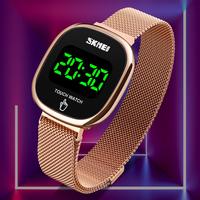 Jam Tangan Digital LED Sederhana SKMEI 1589 Wanita, Jam Tangan Wanita dengan Gesper Magnetik Kreatif, Tali Mesh Tahan Air