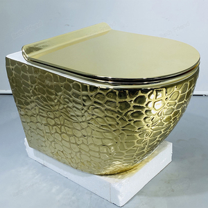 Vente en gros de toilettes suspendues au mur de couleur dorée Articles sanitaires Salle de bain Design moderne Wc P-trap <span class=keywords><strong>Toilette</strong></span> avec housse de siège noire - Product Image 2