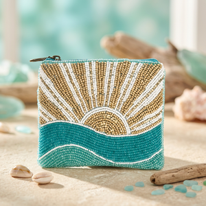 Bolsa de Mano Pequeña Cuadrada con Cierre de Cuentas y Diseño de Amanecer Oceánico, Bordado de Moda para Viajes - Product Image 1