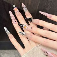 Ongles en acrylique longs, forme stiletto amande, à presser, avec rivets et pointes métalliques, motif floral 3D, personnalisables pour salons de manucure/SPA