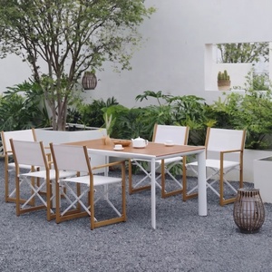 Ensemble <span class=keywords><strong>de</strong></span> salle à manger d'extérieur pliable 7 pièces en aluminium imitation bois avec chaises en toile, gain <span class=keywords><strong>de</strong></span> place pour <span class=keywords><strong>jardin</strong></span> et camping - Vente chaude - Product Image 2