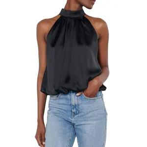 OEM Customized Summer Ladies Elegant Halter Neck Bow Tie Back Sleeveless Bubble Hem Blouse Women Satin Tops Shirt