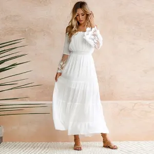 Gaun Panjang Eropa Wanita, Gaun Pesta Malam Panjang Cocok Lengan Panjang Bahu Terbuka Warna Solid Renda Putih Mode Baru