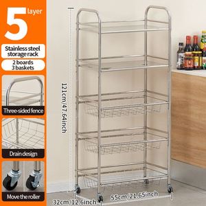 5-Layer Stainless Steel Movable Kitchen <b>Storage</b> Rack Household Metal <b>Vegetable</b> Fruit <b>Storage</b> <b>Basket</b> Stand Kitchen Trolley - Product Image 5