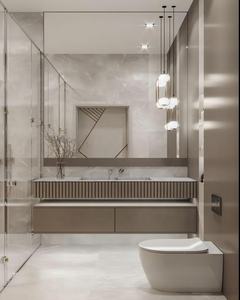Ensemble de meuble-lavabo de salle de bain moderne de luxe avec éclairage LED, finition laquée, flottant, mural, en MDF et PVC, avec lavabo et miroir - Product Image 6