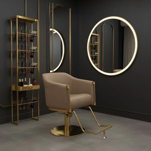 Fauteuil de Barbier Professionnel Durable en Cuir PVC Marron avec Base Dorée, Repose-Pieds et Pompe Hydraulique – Personnalisable - Product Image 1