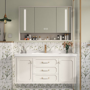New French style white storage <b>mirror</b> cabinet bathroom cabinet with LED <b>mirror</b> cabinet white sink - Product Image 4