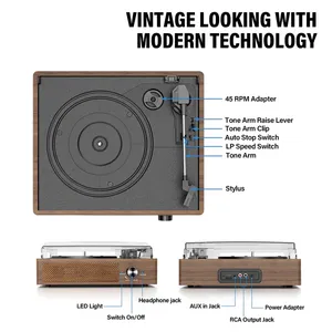 Tourne-disque vinyle avec 2 haut-parleurs stéréo, à courroie, style vintage, 3 vitesses, lecture sans fil <span class=keywords><strong>Bluetooth</strong></span>, entrée <span class=keywords><strong>AUX</strong></span>, sortie <span class=keywords><strong>RCA</strong></span> - Product Image 4