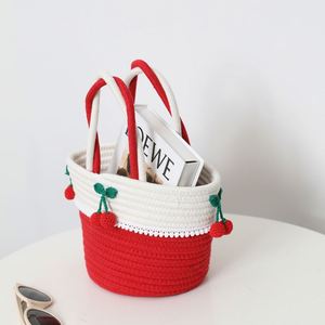 Handmade Cotton Thread Small <b>Bag</b> Cute Cherry Design Versatile <b>Straw</b> <b>Bag</b> for Women New Craft Woven <b>Bag</b> for Seaside Vacation - Product Image 4