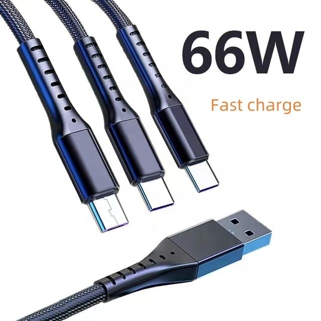 Nylon Braided 66W 3in1 USB Charger Cable Fast Charging 5A 3in1 Mobile Data Cable for iOS Phones Selling like Hot Cakes