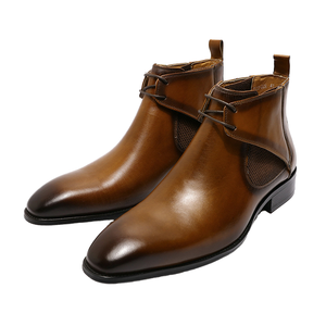 Bottes habillées en cuir véritable pour hommes, à enfiler, bout pointu, semelle extérieure en caoutchouc, motif uni, chaussures élégantes pour le bureau et la carrière - Product Image 1