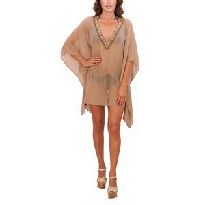 Robe Kaftan Bohème en Mousseline Tissée avec Col en V Profond, Manches Longues, Ourlet Droit, Coupe Ample, Mini, Écologique, Cache-maillot de Plage pour Vacances d'Été - Product Image 1