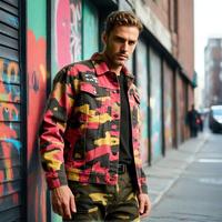 Blouson de travail en jean surdimensionné vintage pour homme, service OEM, camouflage rouge, rose, jaune, noir, personnalisé, blouson bomber en jean camouflage pour homme