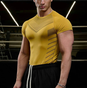 New Pin-Sọc Polyester Spandex thời trang Tee Nam chặt chẽ thể thao thể dục mùa hè Vòng cổ áo ngắn tay T-Shirt - Product Image 1