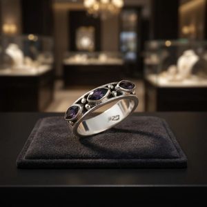 Vintage 925 <b>Silver</b> Three Stone Amethyst <b>Ring</b> Marquise Cut Channel Setting Women's Trendy Geometric Daily Wear Jewelry Gift - Product Image 3